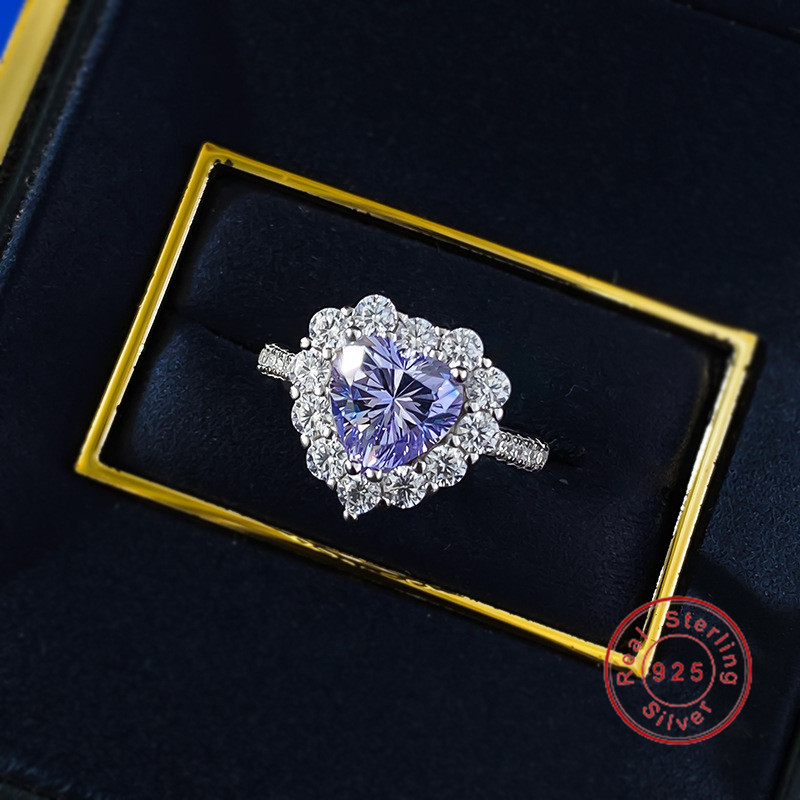 Choucong Wedding Rings Luxury Jewelry Soild 100% 925 Sterling Silver Heart Shape Lavender Purple Amethyst Lab Moissanite Diamond Party Women Bride Rin