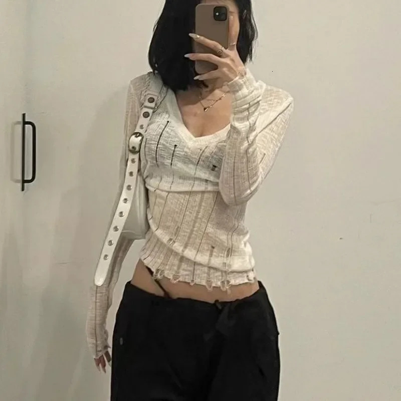 Deeptown Coquett Y2K Womens Knit Sweater Hollow Out Knitwear V Neck Pullovers Spring See Through Jumper Harajuku Fashion Grunge 250614