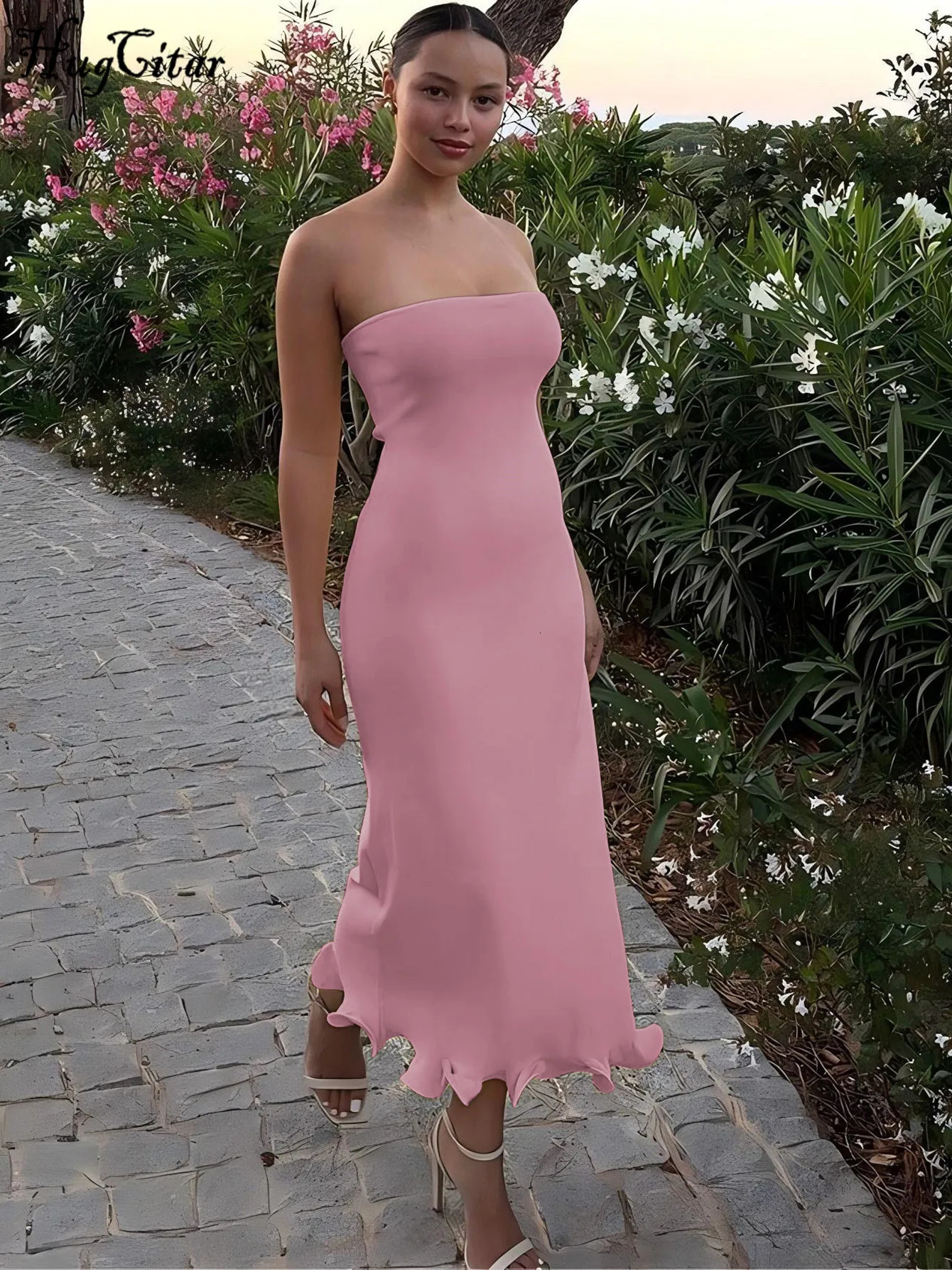 Hugcitar Elegant Solid Strapless Ruffles Sexy Bodycon Maxi Prom Dress Summer Women Fashion Outfit Birthday Party Festival 250616