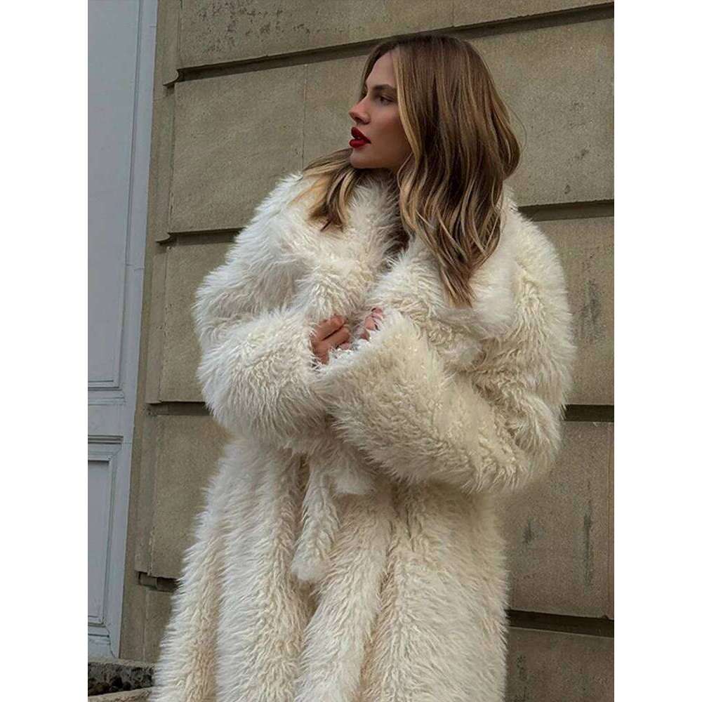 Fashion Fluffy Plush Women's Coat Casual Loose Solid Color Turndown Collar Long Coats Winter Windproof Warm Outerwears