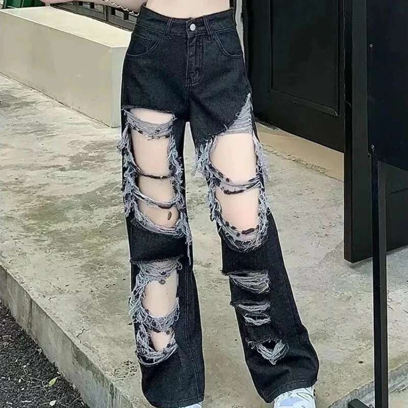 Wide Leg Womens Ripped Jeans With Holes Trousers High Waist Shot Stretched Cool Cowboy Pants for Woman Hippie Z Luxury Designer