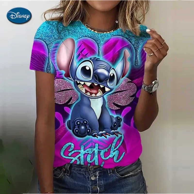 Disney 2024 Summer Disney Lilo Stitch 3D Print T-shirts For Women Cute Lady Summer T-shirts Casual O-neck Stitch T-shirts W250617