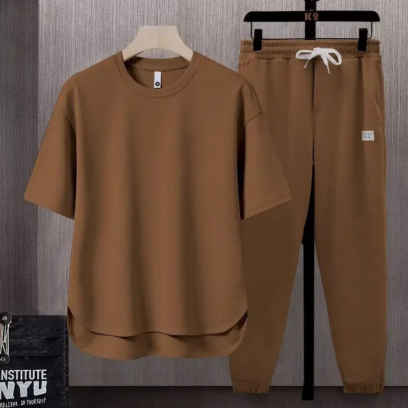 A Set With Loose Suit Solid Color Mens T Shirt Summer Day Trend Ins Round Hem Shortsleeved Trousers Two Piece Breathable 250614
