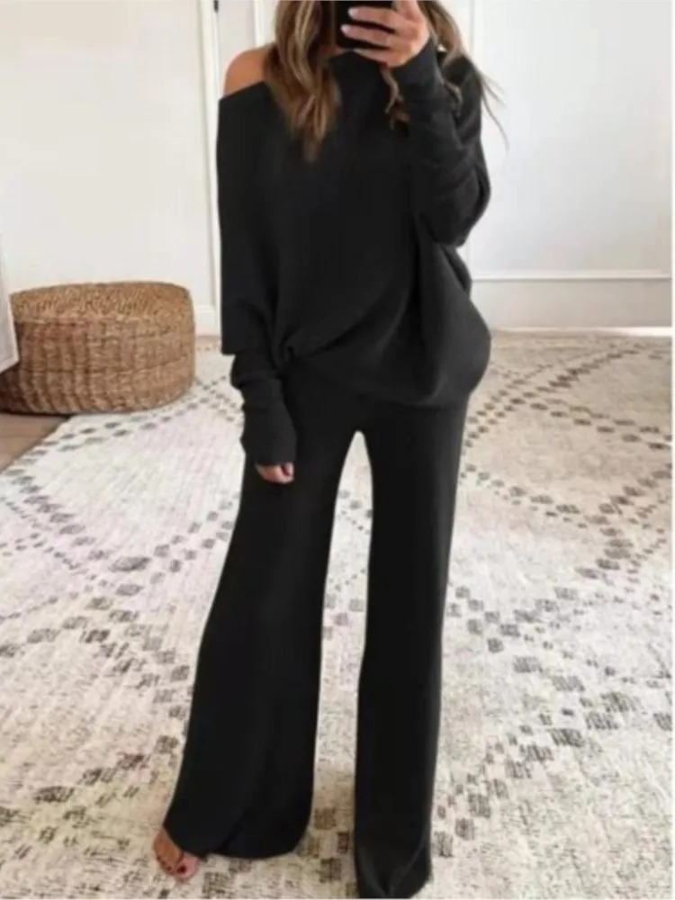 Fashion Long-sleeved Bateau Collar Top Wide-leg Pants 2-piece Set Women Elegant Autumn Solid Color Knitted Loose Suit Female 250616
