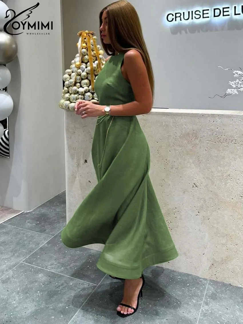 Oymimi Elegant Green Cotton Womens Dress Fashion O-Neck Sleeveless Dresses Casual High Waist A-Line Mid-Calf Dresses Female 250614
