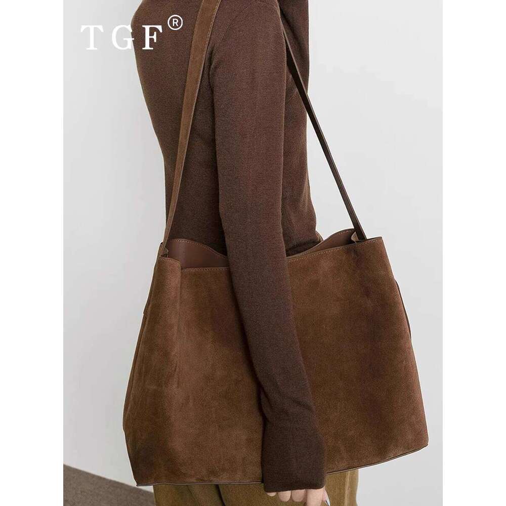 High End Melard Coffee Color Commuter Tote for Women New Suede Single Shoulder Crossbody Bucket Bag