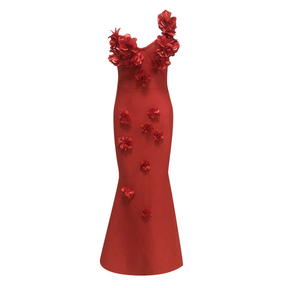 Red Strapless Floral Sexy Socialite Style Long Dress Gown