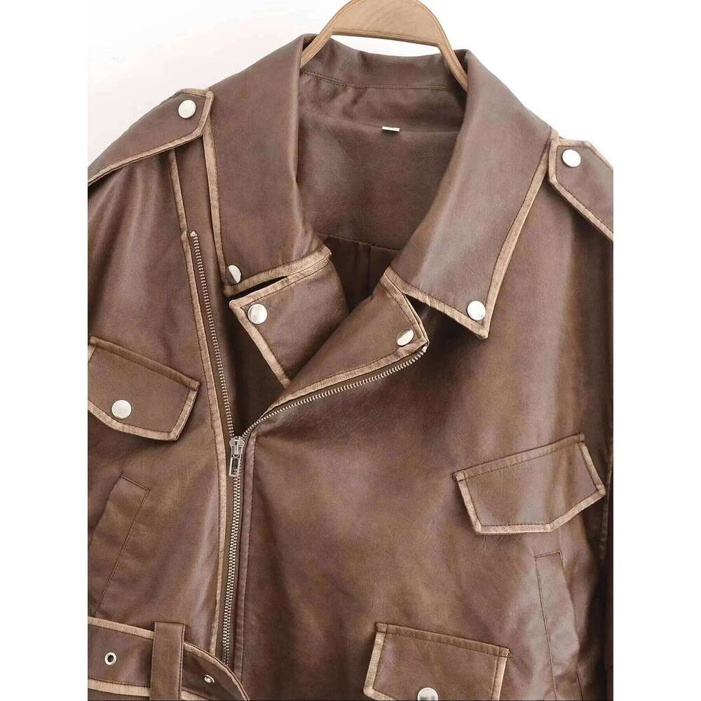 2025 New Women's Retro Vintage Brown Faux Leather Jackets Belt Female Motor Biker Pockets Plus Size Loose Streetwear Coats Tops