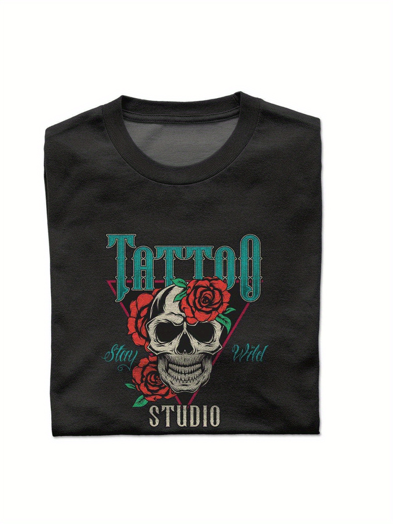 Dongdumaoyi T Shirts Black Short Sleeve Graphics 180G Men Adult Cotton S-3Xl White Rose Round Collar Skull dcce