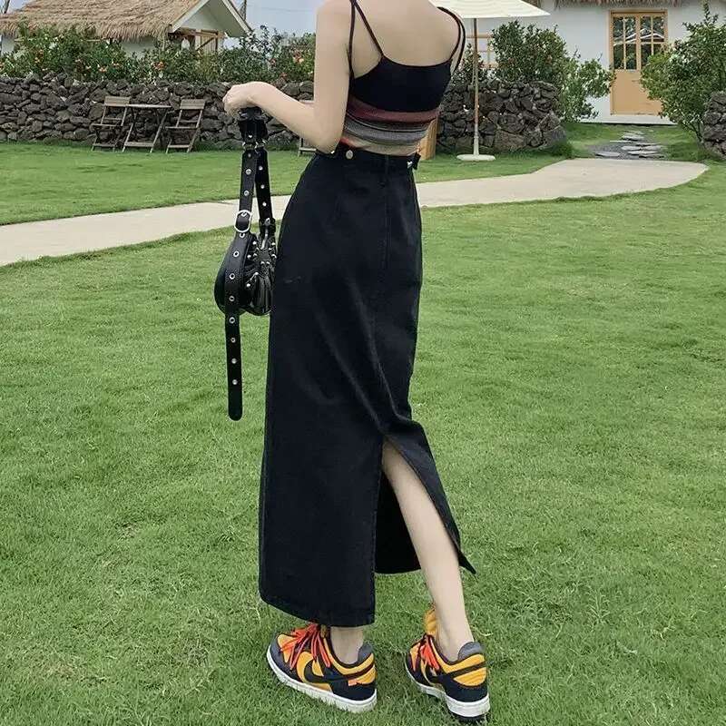 Korean Fashion With Slit Midi Woman Denim Skirt Chic and Elegant Harajuku A Line Luxury Cheap Premium Jeans Skirts for Women