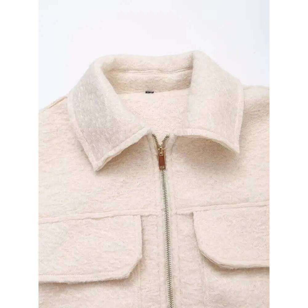 European and American three-dimensional pocket pearl leather two-color jacket short coat autumn lapel gray versatile zipper card