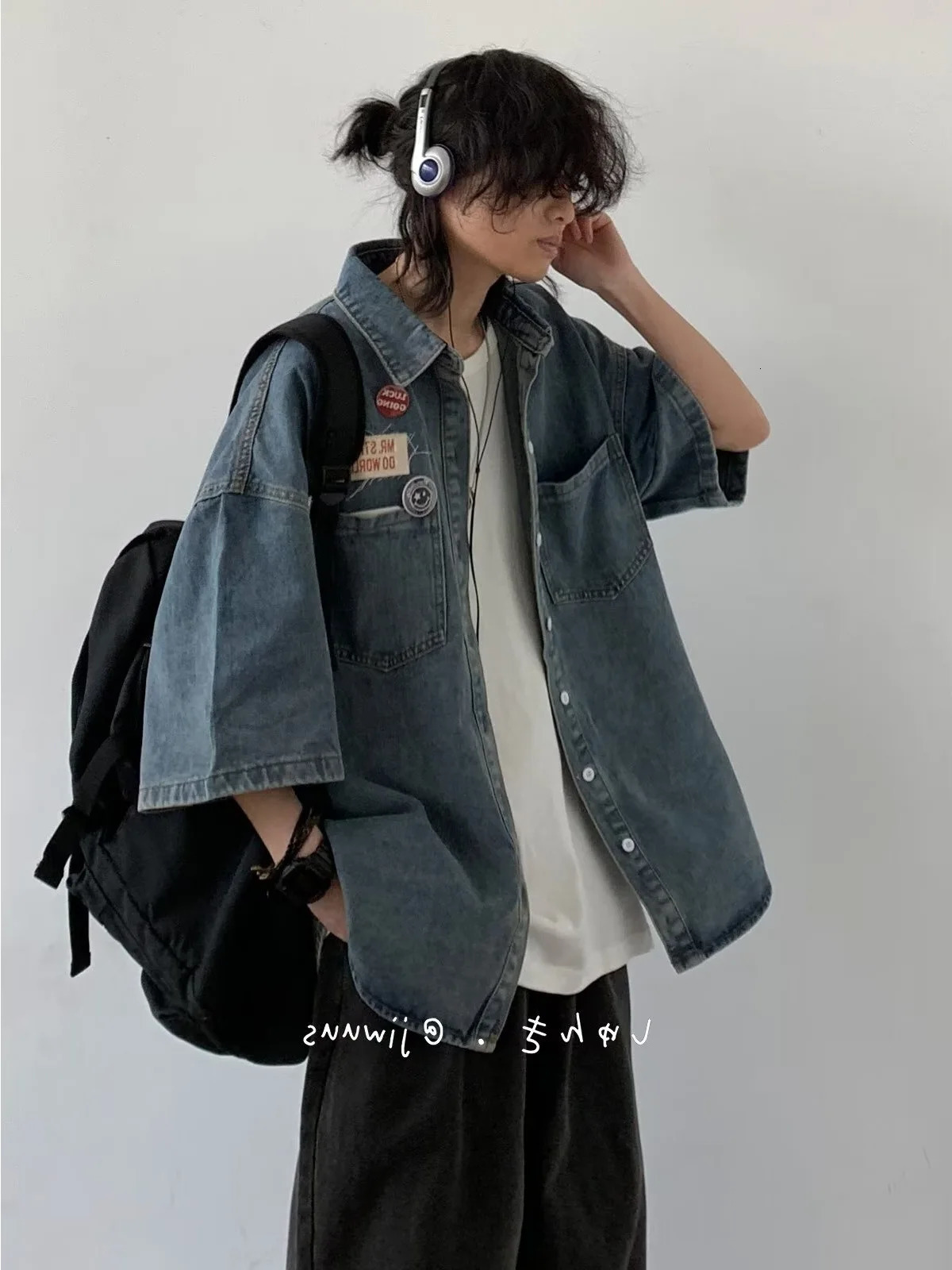 American Cityboy Washed Denim Short Sleeved Shirt Mens Versatile Loose Fitting Shirt Denim Jacket Trendy Coat 250616