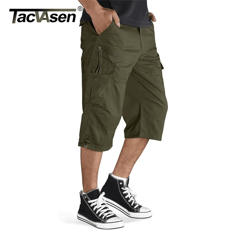 TACVASEN Cotton Below Knee Length 3/4 Long Shorts Mens Outdoor Pants Multi Pocket Summer Twill Work Cargo Pants Man 250529CJ