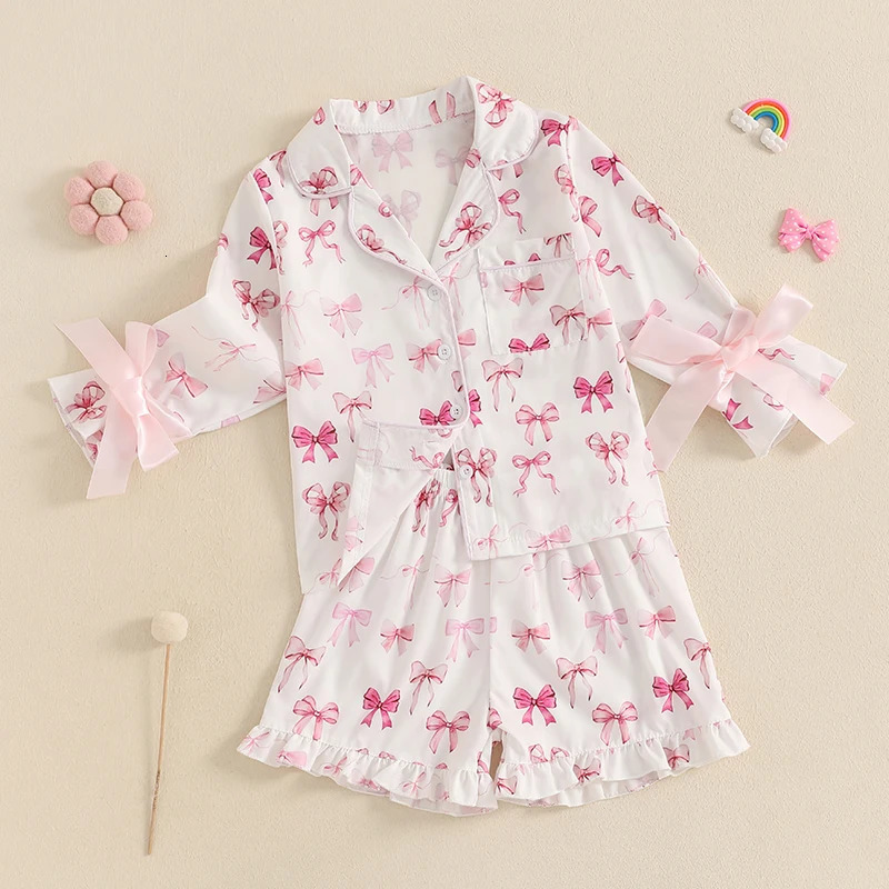 Pudcoco Kid Girl Summer Pajamas Set Bow Print Long Sleeve Button Down Tops with Ruffled Shorts Sleepwear 1-8T 250617