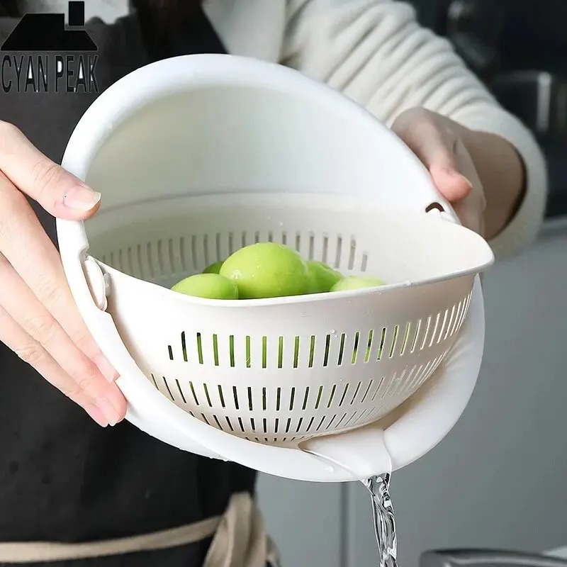 Kitchen Fruit Tray Removable Double Layer Fruit And Vegetable Basin Draining Basket Creative Household Rotating Washing Basket 250614