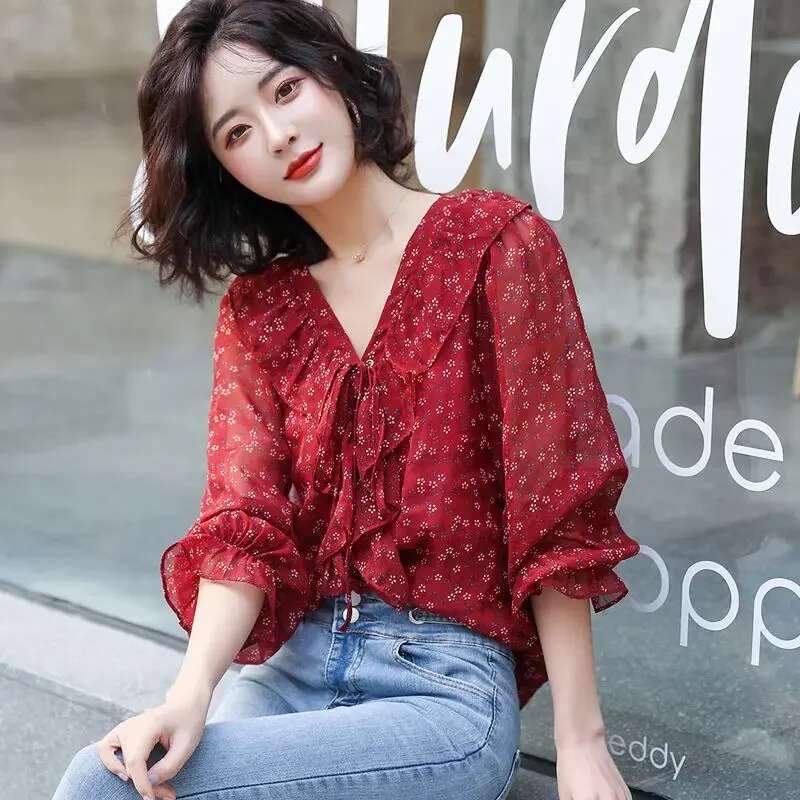 With Puffy Sleeves Womens Shirt and Blouse Floral New Female Tops Youthful Woman Clothes Elegant Chic Clothing Trend 2025 Cute
