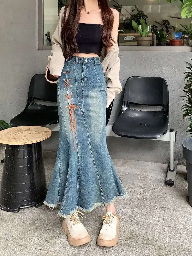 High Waist with Strings Gyaru Jeans Skirts for Women Blue Clothing Sales Summer 2025 Y2k Vintage Modest Trend Woman Denim Skirt