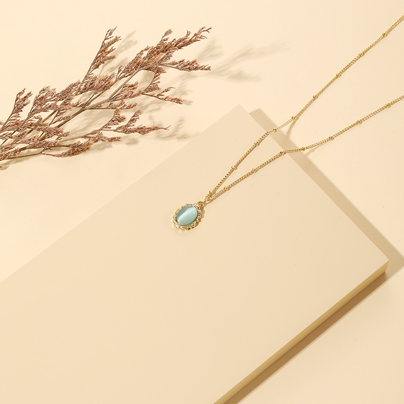 Fashion Light Style High-end Sense Lace Edge Freshwater Blue Cat's Eye Stone Necklace for Women Titanium Steel Elegant Non-fading Jewelry