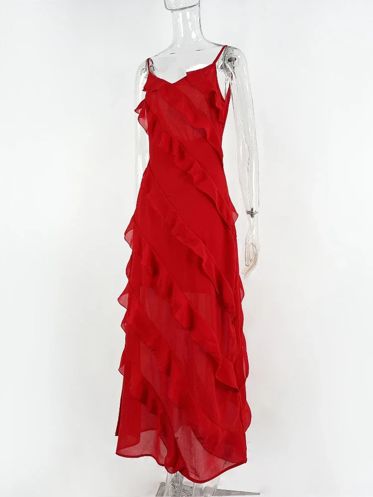 Summer Fashion Elegant Womens Sexy Chiffon Vacation Style Sling Dress with Ruffle Edge Style Long Dress 250616