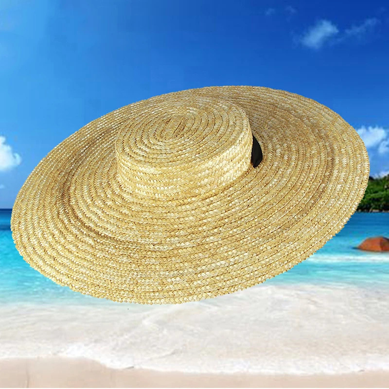 Wide Brim Straw Hat For Women Long Ribbon Ladies Beach Hat Summer Sun Visor Cap Flat Top Large Brim Tie Straw Hat 250616