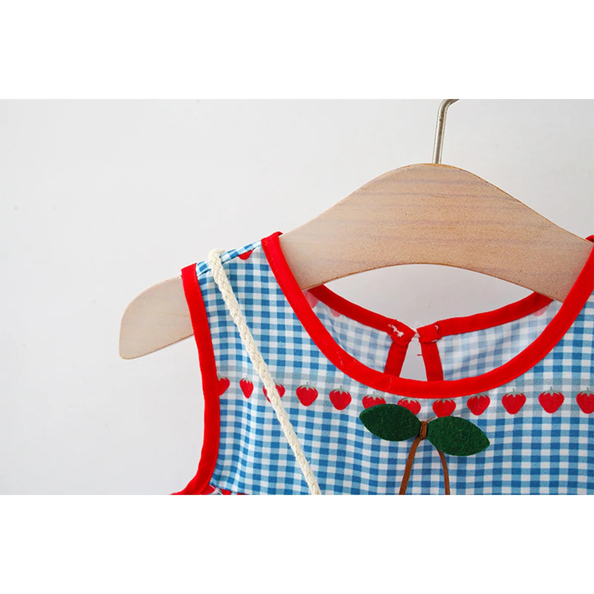 2 Pcs Baby Girls Summer Dress with Sleeveless Round Neck Plaid Heart Cherry Cotton Skirt and Diagonal Cross Bag Included 250617