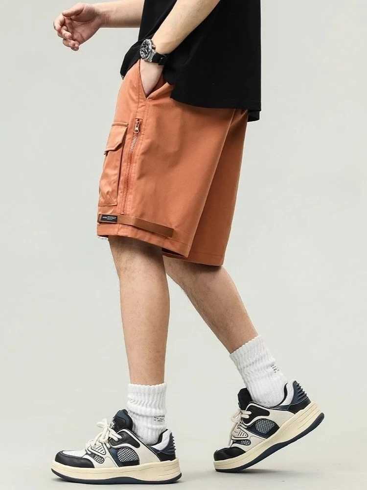Mens Cargo Shorts with Zipper Loose Male Short Pants Orange Bermuda Popular Elegant Comfortable Distressed Nylon Clothes Wide Z250617