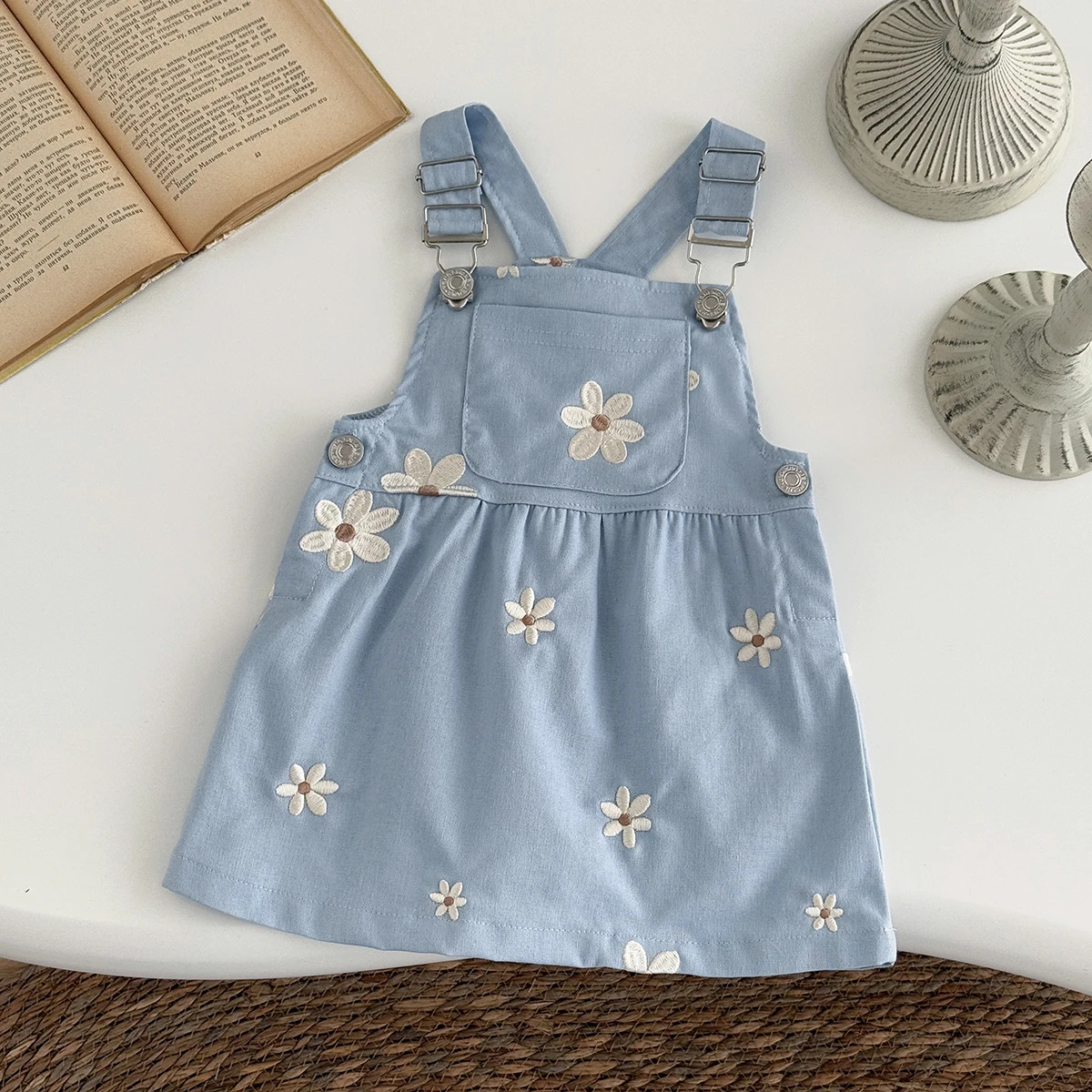 Toddler Infant Girls Denim Dresses Flowers Embroidery Strap Knee-Length Kids Dresses One-piece 0-3 Years Overall Girl Clothes 250617