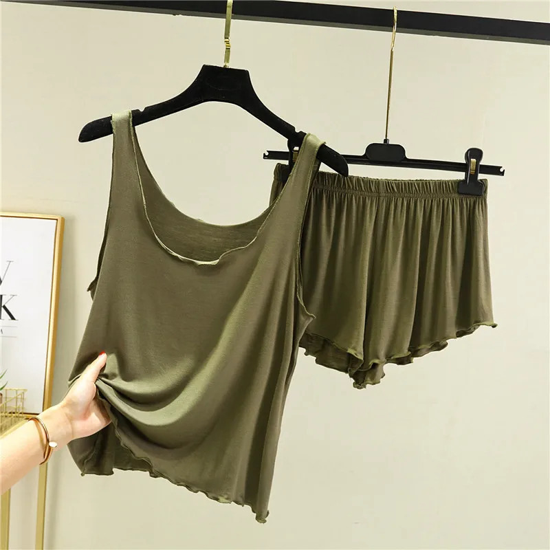 Casual Pyjama Pour Femme Summer Modal Tank Top Shorts Two-Piece Set Round Neck Sleeveless Home Wear Clothes Women Pajamas Suit 250616