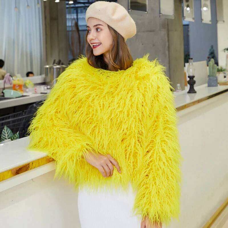 2025 Autumn Winter Women's Faux Fur Outdoor Fluffy Yellow Loose Plush Coat Female Warm Clothing Jacket Lady Street Outwear