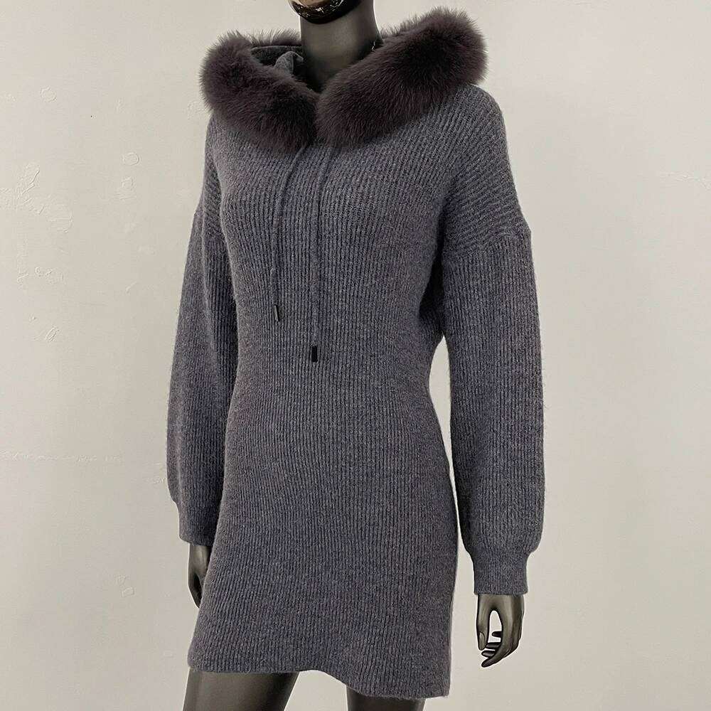 OFTBUY Long Hooded Slim Cardigan Women 2025 New Real Fox Fur Pullover Female Solid Warm Sweater Spring Autumn Knitted Skirt Lady