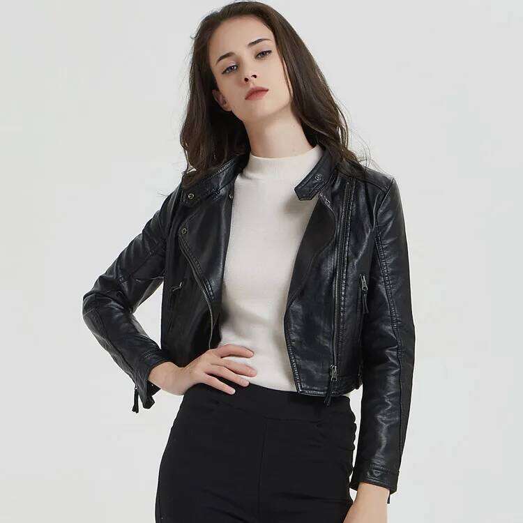 Women's PU Washed Leather Short Motorcycle Coat, Rivet Fashion, Short, Spring and Autumn, 2024