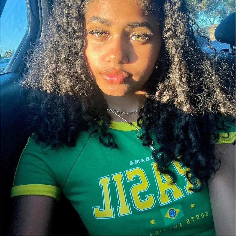 BRASIL Letter Graphics Korean Goth Y2k Green Slim Cropped Tees Women Sexy Streetwear 2000s Harajuku Woman Clothing T-Shirt 250616