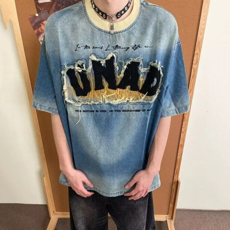 PFHQ Summer Men Denim T-shirt Embroidered Patchwork Contrast Color Short Sleeve T-Shirt Trendy Male Tops 21E6267 250617