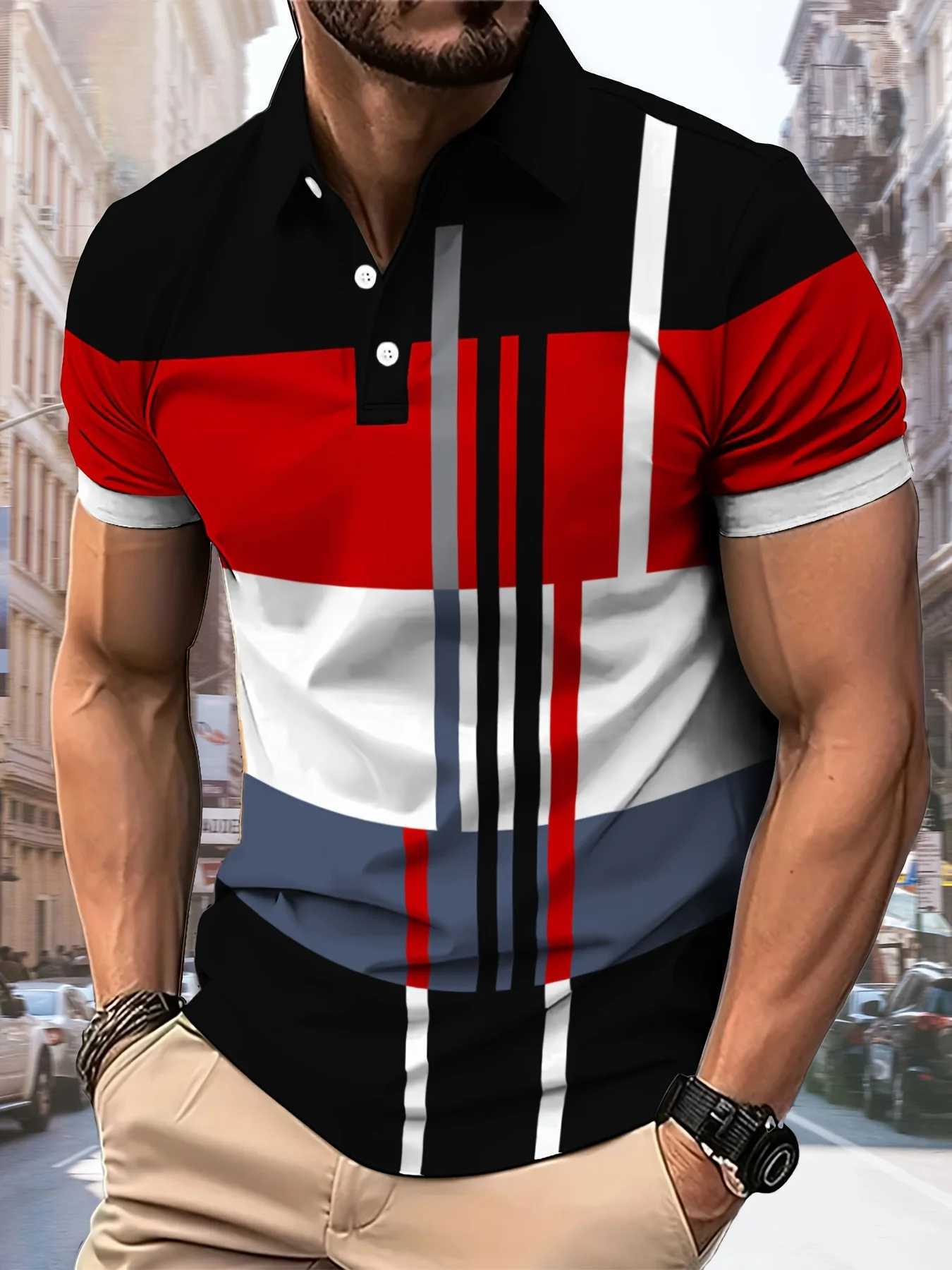 Summer New Mens Short Sleeve Lapel Business Polo Shirt 3D Digital Print Stripe Polo Shirt Sport Button Pullover Casual Tops XJ250617