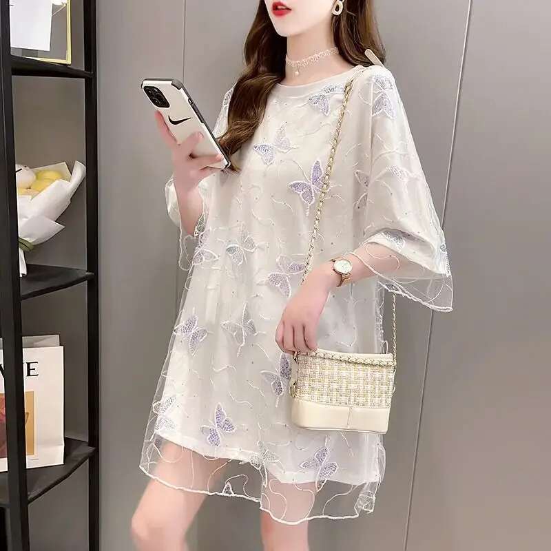 Lace Womens T-shirt Mesh Female Top Aesthetic Clothing Korean Popular Clothes Streetwear Pulovers Youthful 2025 High Quality