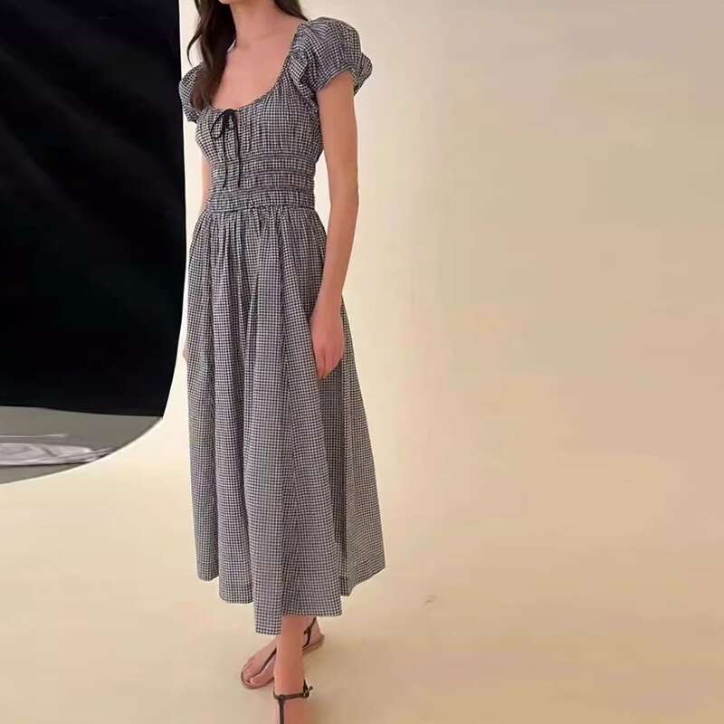 Partydress Clothes Women Designer 710 New 2025 Black and White Plaid Square Neck Pure Cotton Vacation Waist-cinching Mid-length Dress French Style Wom
