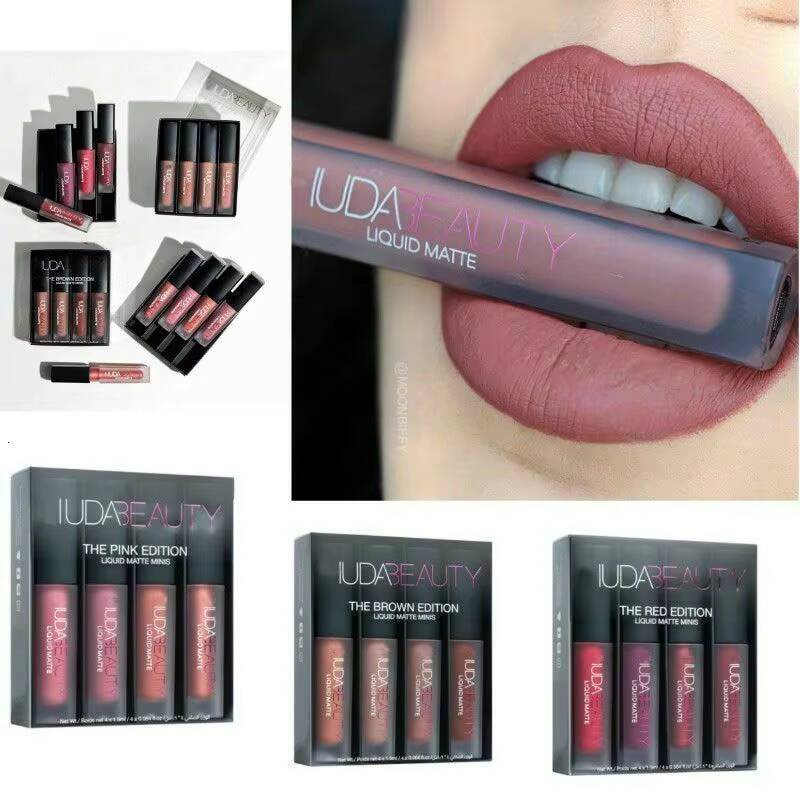 4pcs Lipstick Set Matte Gloss Waterproof Glaze Tint Non-stick Non-Fading Lips Huda Makeup Cosmetic Lip Care happy