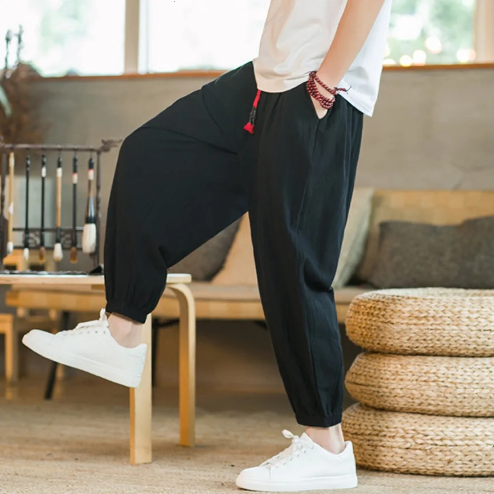 Mens Cotton and Linen Harem Pants Casual Loose Oversize Beach Pants Chinese Style Wide Leg Trousers Joggers Men Summer 250614