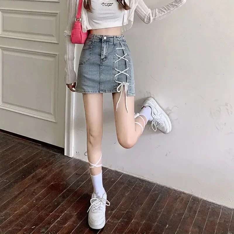 Gyaru Jeans Skirts for Women Midi Pants High Waist Blue Mini Woman Denim Skirt Chorts with Pocket Short Casual Harajuku V A Line