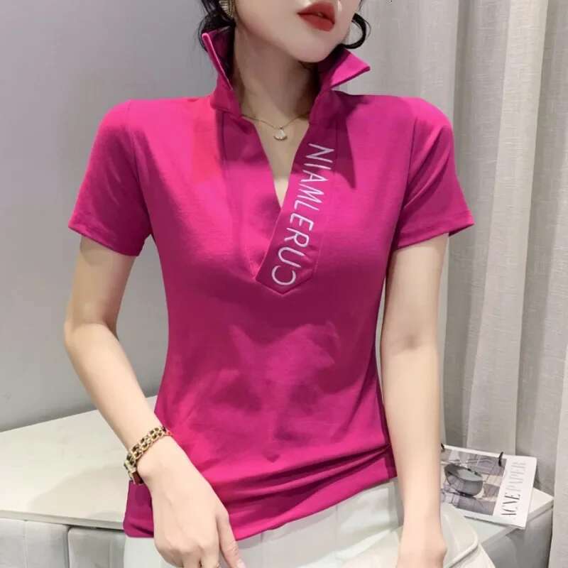 Polo Neck Shirt for Women Embroidery Baggy Plain Woman T Casual Tops Korean Clothing Luxury Basic High Quality Synthetic New