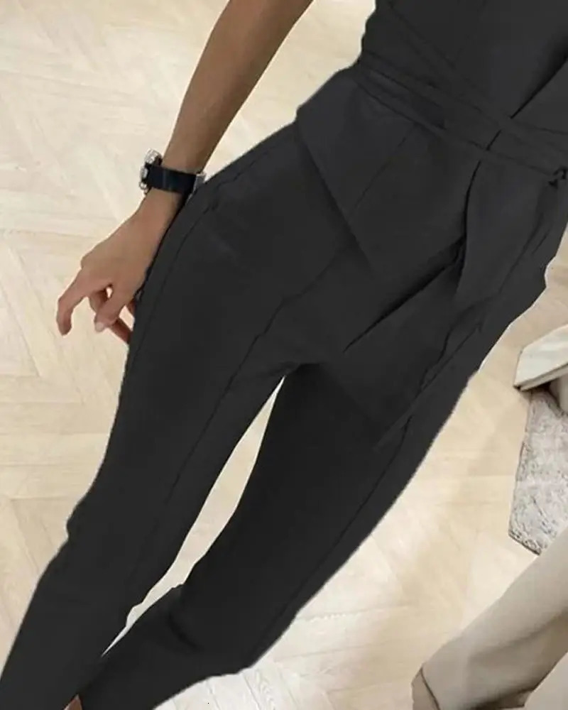 Womens Plain Blazer Vest and Work Pants Set Sleeveless Top Monochromatic High Waist Casual Clothes Spring Summer 2Pcs 250612