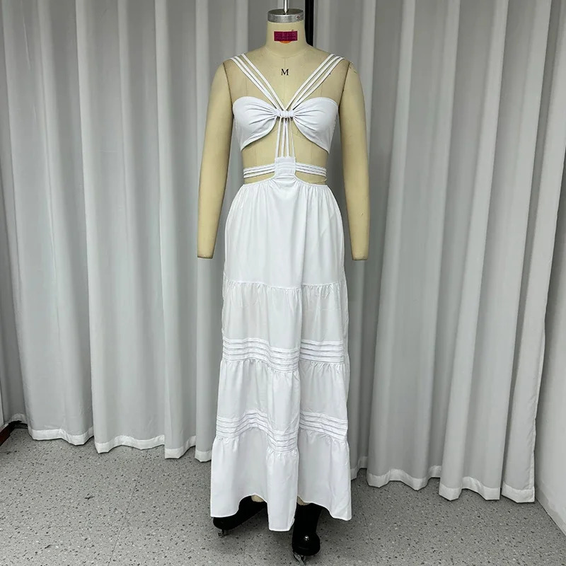 Wefads Women Long Dresses Summer Fashion Sexy Solid Strap Sleeveless Backless Lace Up Hollow Out Pleated Beach Party Dress 250616