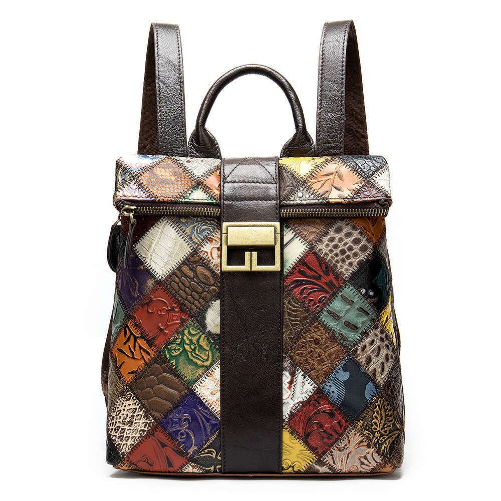 Women's Double Shoulder Bag Top Layer Cowhide Color-Block Personality Backpack Fashion and leisure
