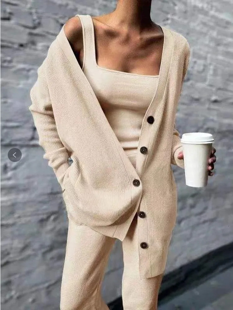 Knitted three piece set for womens style outerwear vest pants set 250616