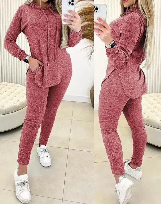 2 Piece Set Women Outfit Spring Fashion Hem Slit Long Sleeve Hooded Sweatshirt Casual Pocket High Waist Pants Set 250614
