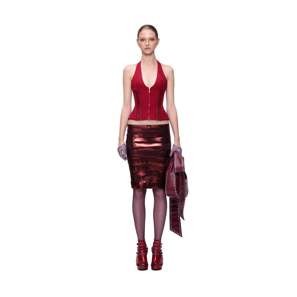 New Style Tie Waist Zipper Vest Sexy Halter Neck Deep V Tight Short Top