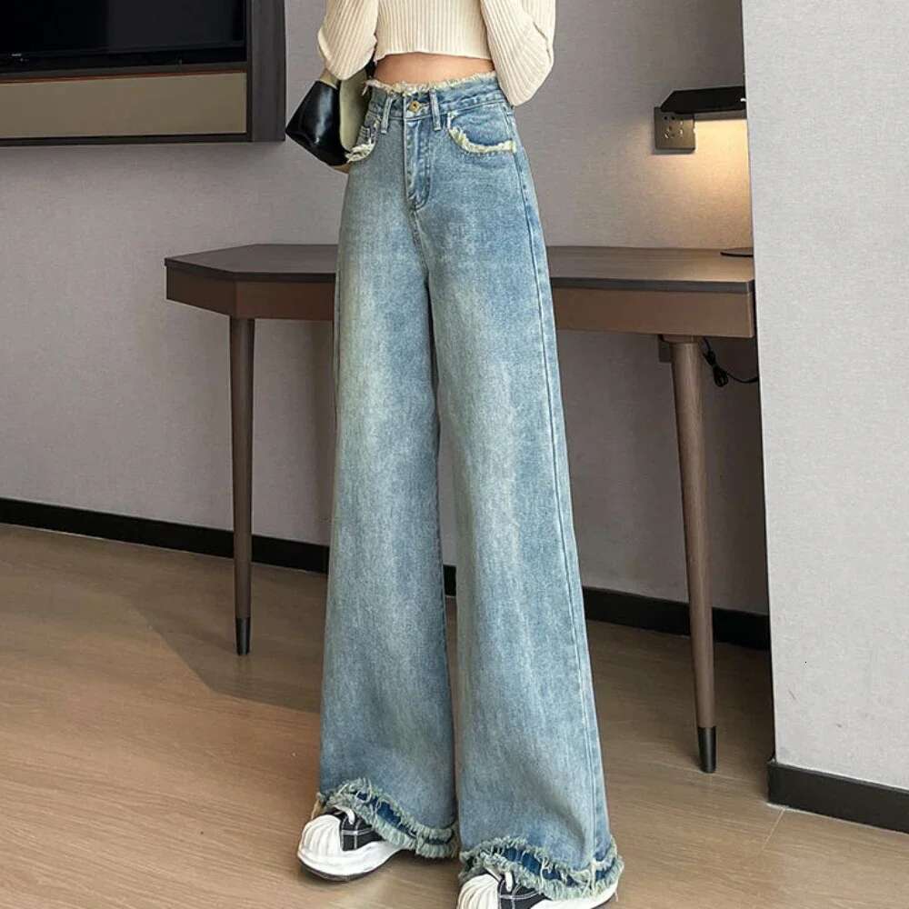 White Trousers High Waist Shot Blue With Pockets Pants For Woman Straight Leg Womens Jeans Medium Trend Unique Basics Fitted Z
