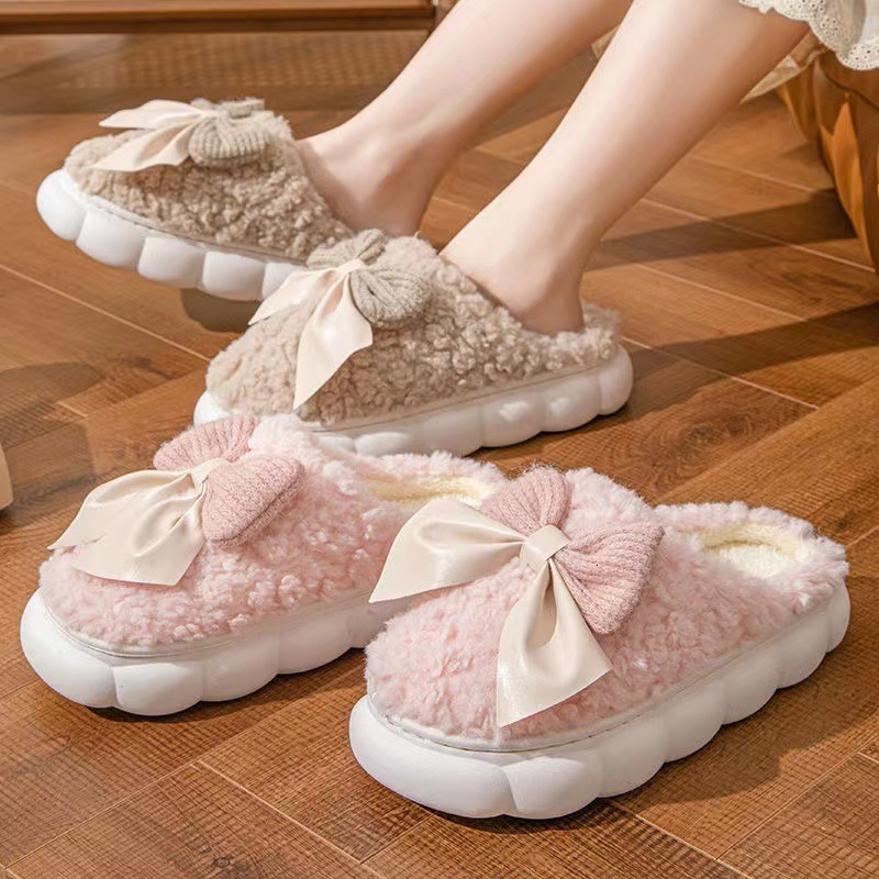 Women's cotton slippers autumn and winter indoor anti slip warm shoes, new cute plush bow high heels cotton slippers, designer shoes