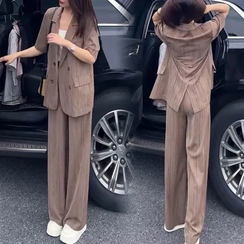 Summer Women Workwear Matching Sets Office Lady Casual Loose Short Sleeve Blazers Pants Outfits Jackets Trousers Suits 250612