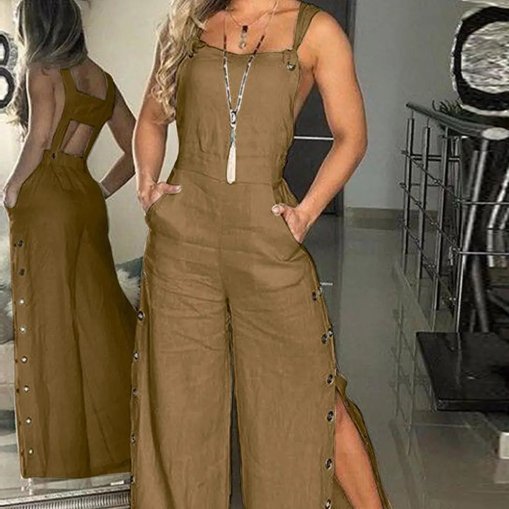 Womens Sleeveless Wide Leg Jumpsuit with Side Pockets And Button Closure Solid Color Loose Straight-Leg Romper for Women 250616